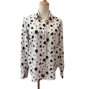 & Other Stories Paris Atelier Black White Floral Blouse Button Front Silk